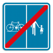 F101b aanwijzingsborden:  einde weg voorbehouden voor het verkeer van voetgangers en fietsers met aanduiding van het deel van de weg dat aan de categorien is toegewezen - PKF101bREE